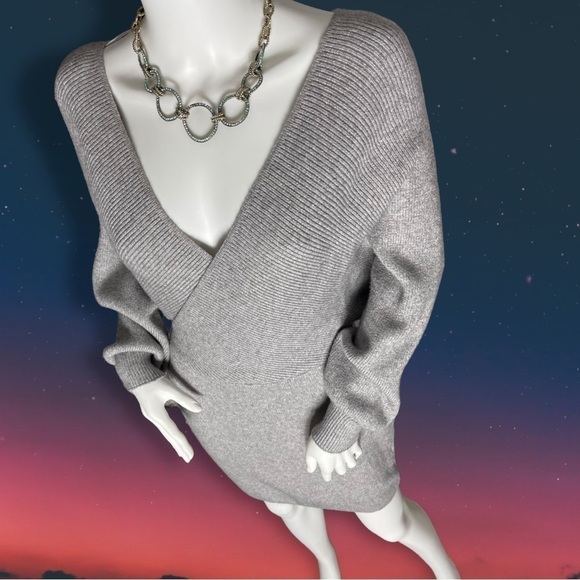 PETAL Roz Silver Gray Vneck Bodycon Sweater Dress Size Large - Picture 9 of 13